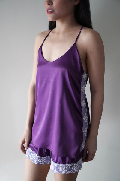 Violet plum silk sleeveless shorts set